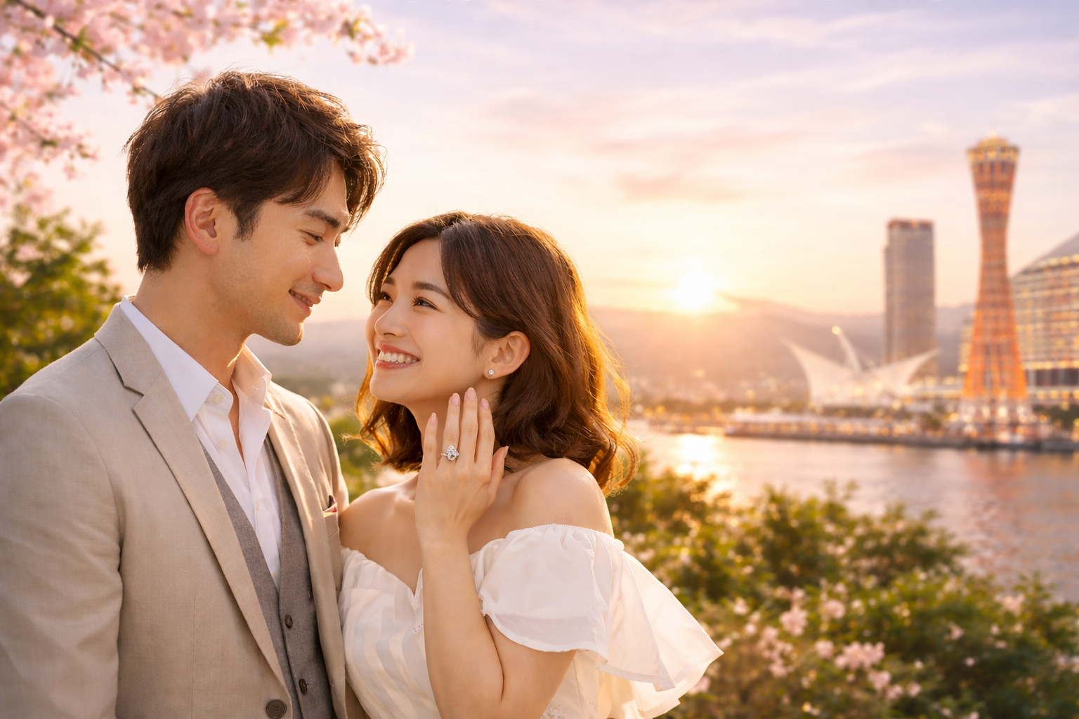 カップルが夕日をバックに見つめ合う