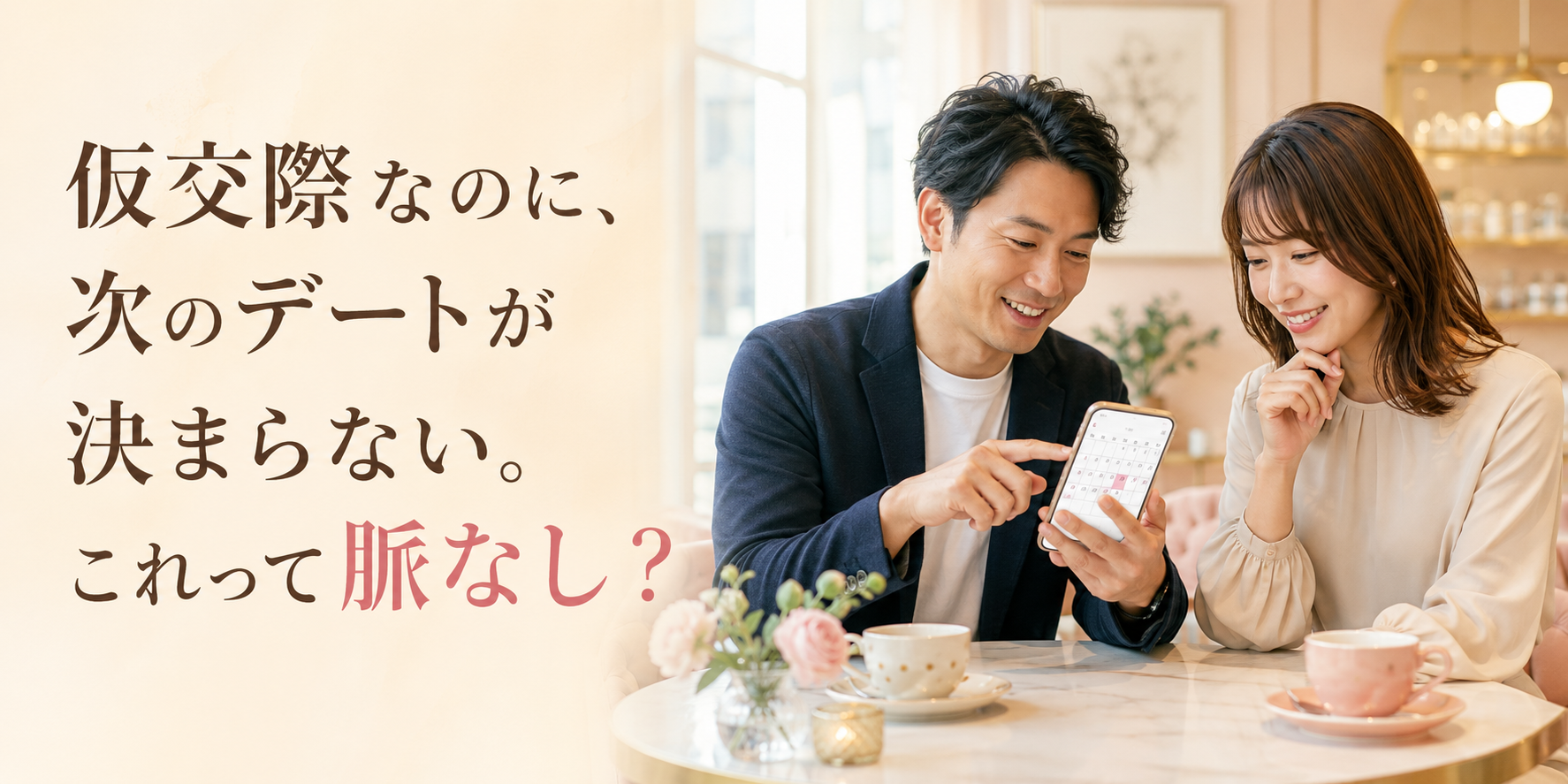 カフェでスマートフォンのカレンダーを見ながら次のデートの日程を相談する仮交際中の男女