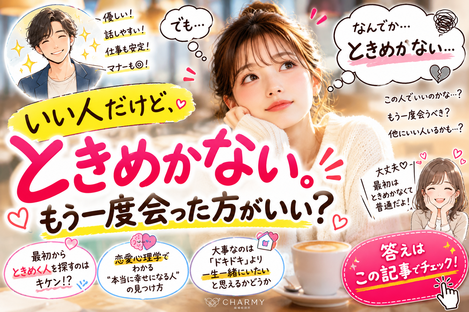 婚活でいい人だけどときめかないと悩む女性｜神戸の結婚相談所CHARMY