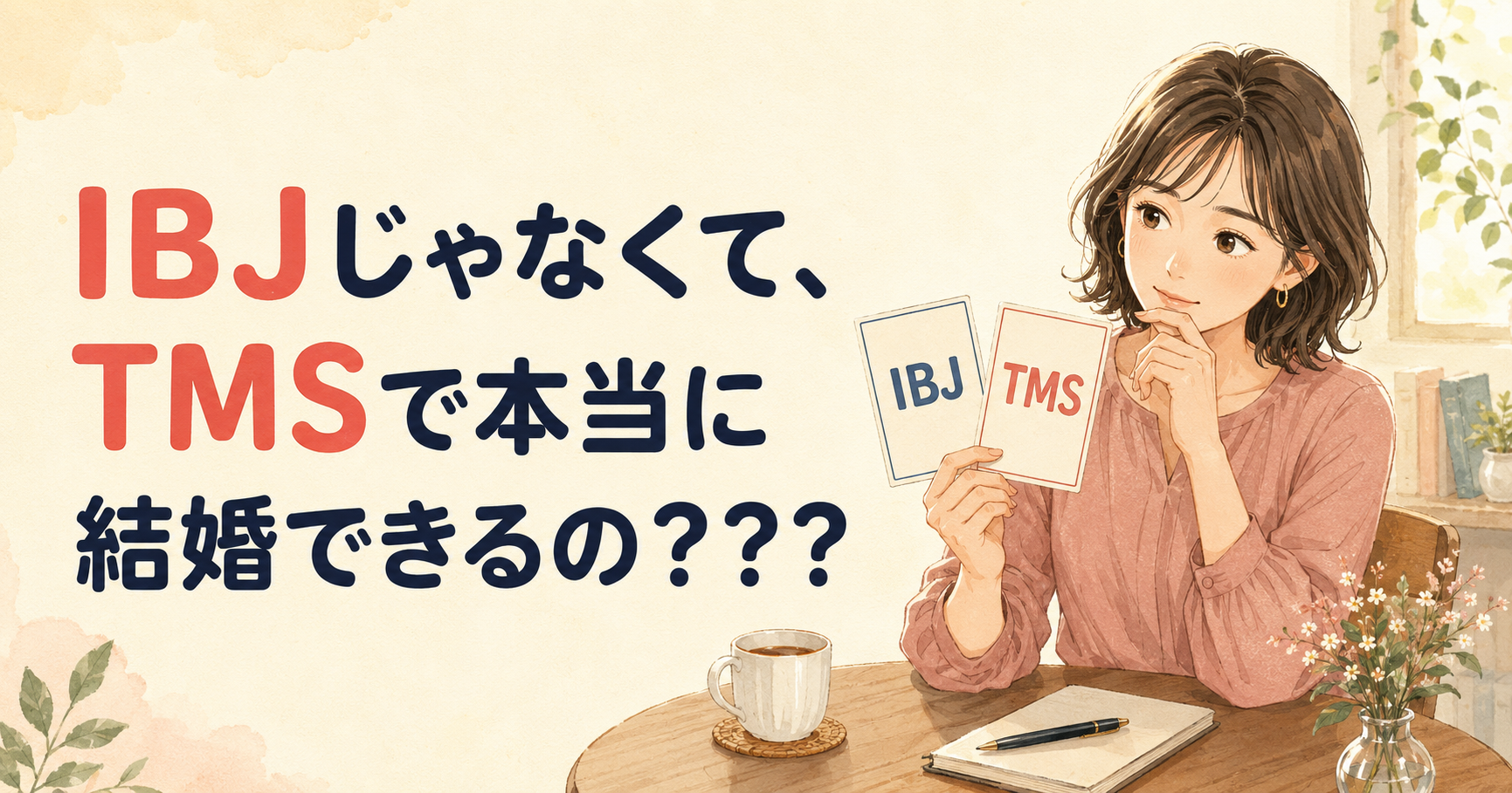 IBJとTMSのカードを手に、どちらを選ぶか考えている女性のイラスト